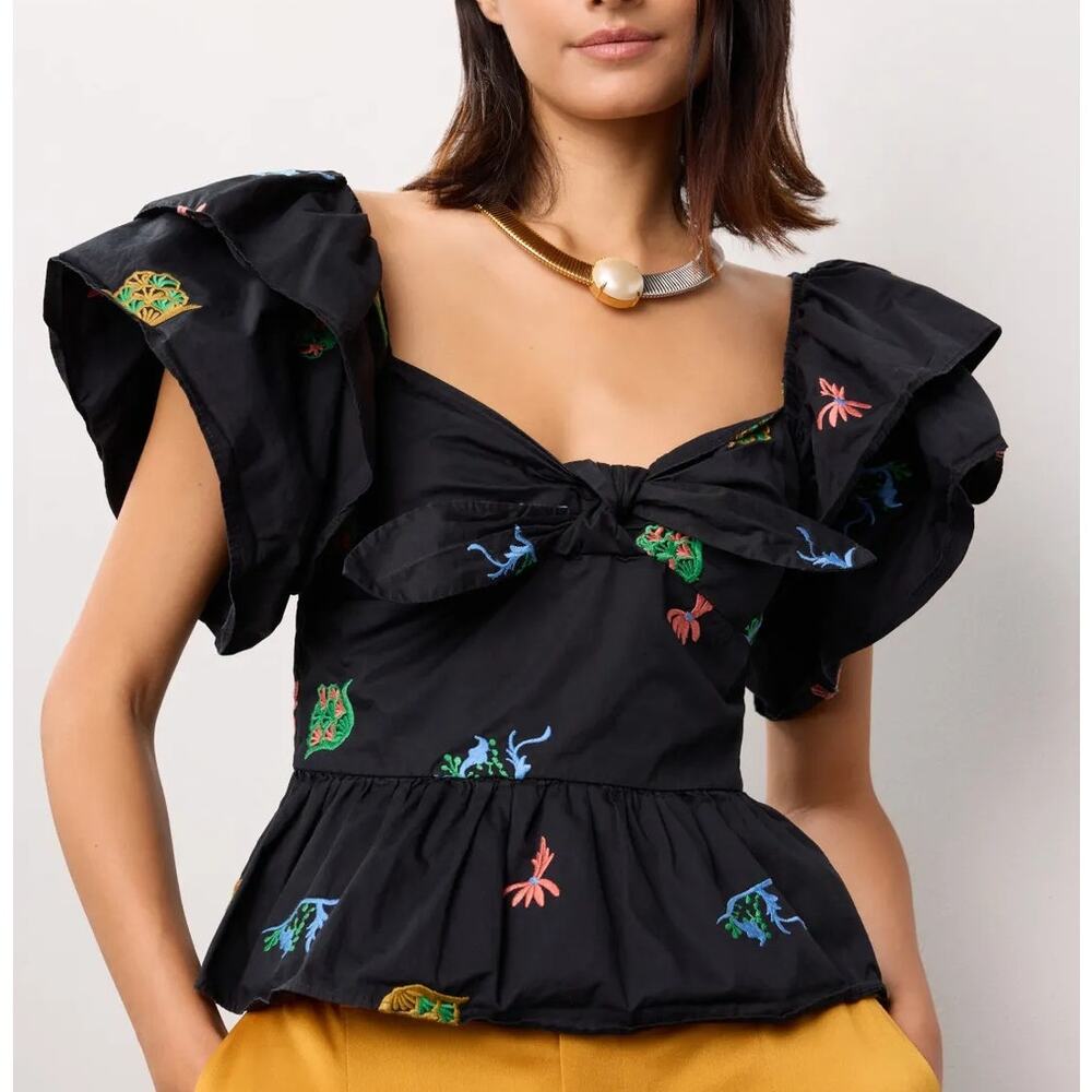 Hofmann Copenhagen Mikela Top Embroidered Ruffle Short Sleeve Peplum Black XL